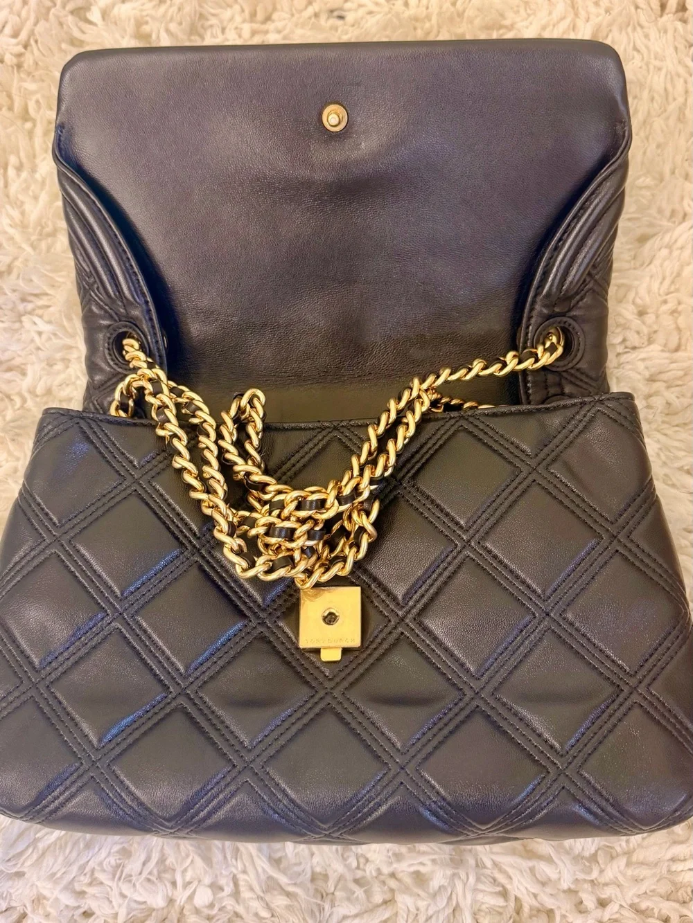 Tory Butch Fleming Quilted Black Leather Shoulder Bag with Gold Chain Hardware